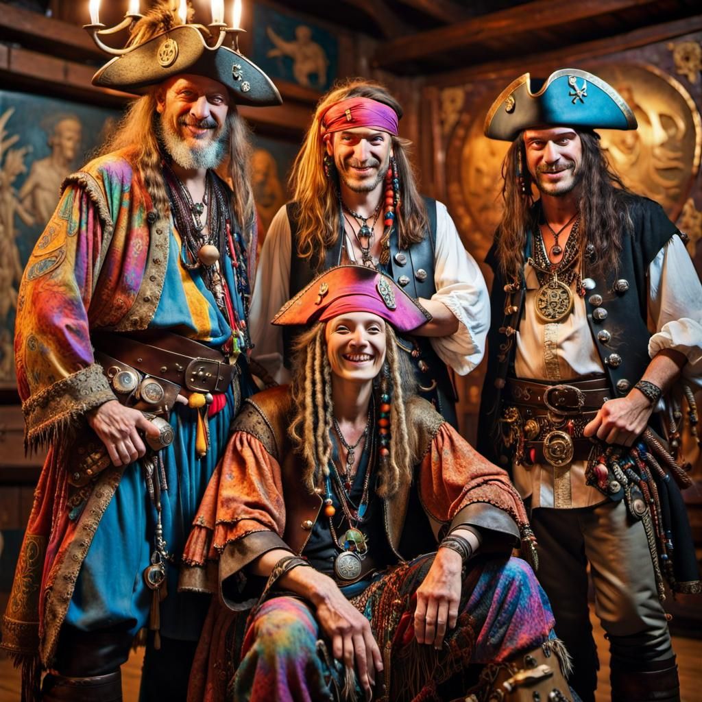 Detailed Pirate Shaman Family Portrait in Courtroom