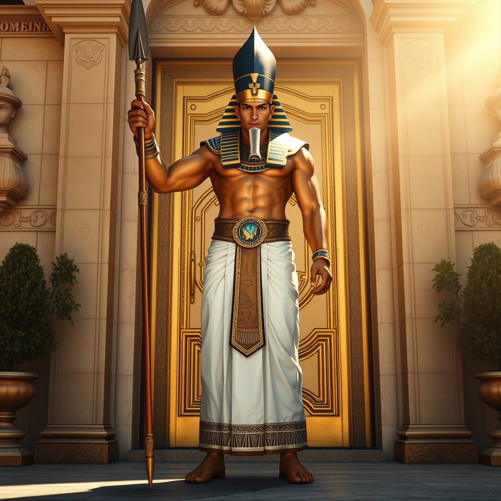 Regal Ancient Egyptian Gatekeeper, Towering and Golden, with...