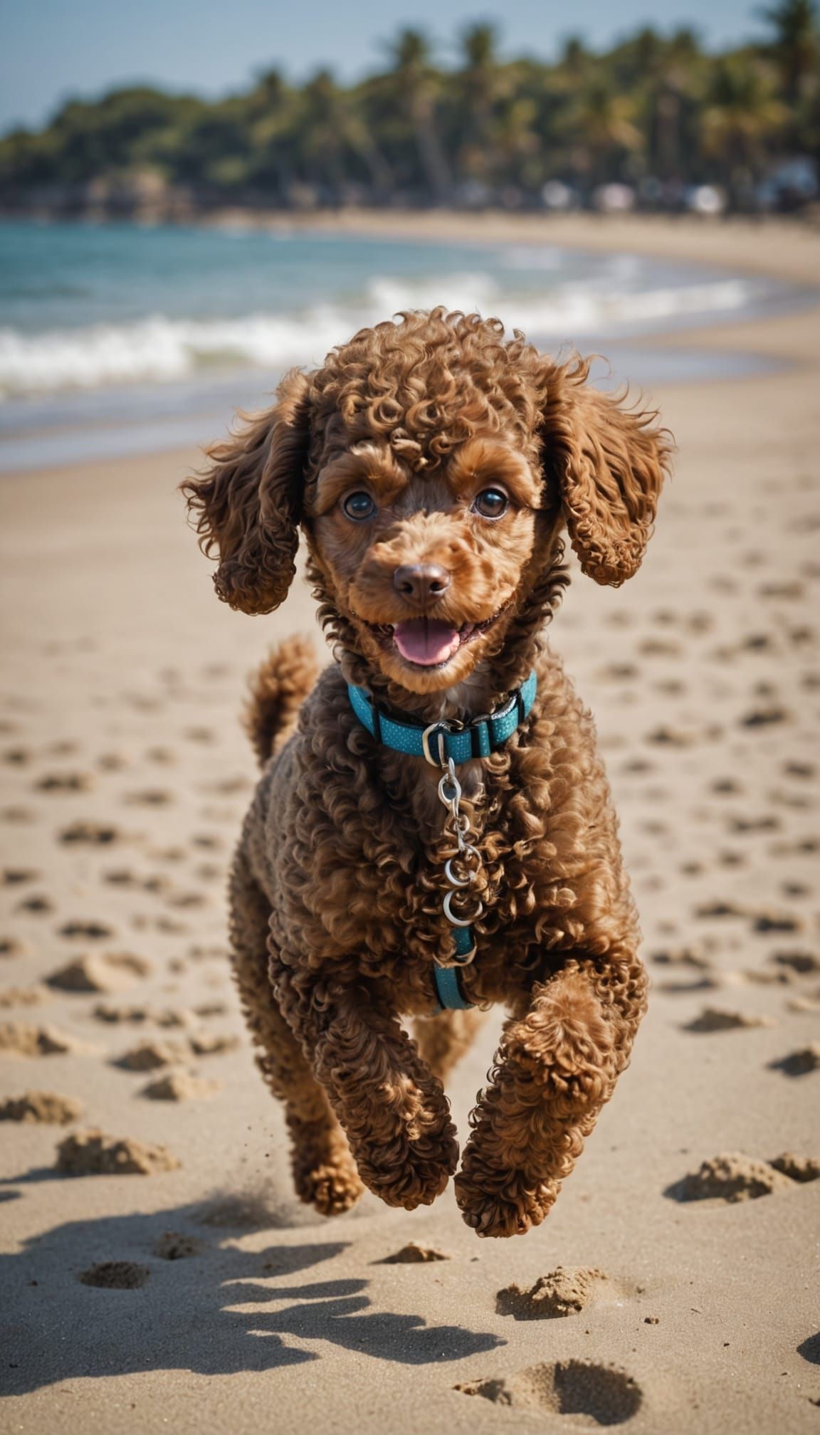 Photorealistic Brown Toy Poodle Puppy Running on Beach
