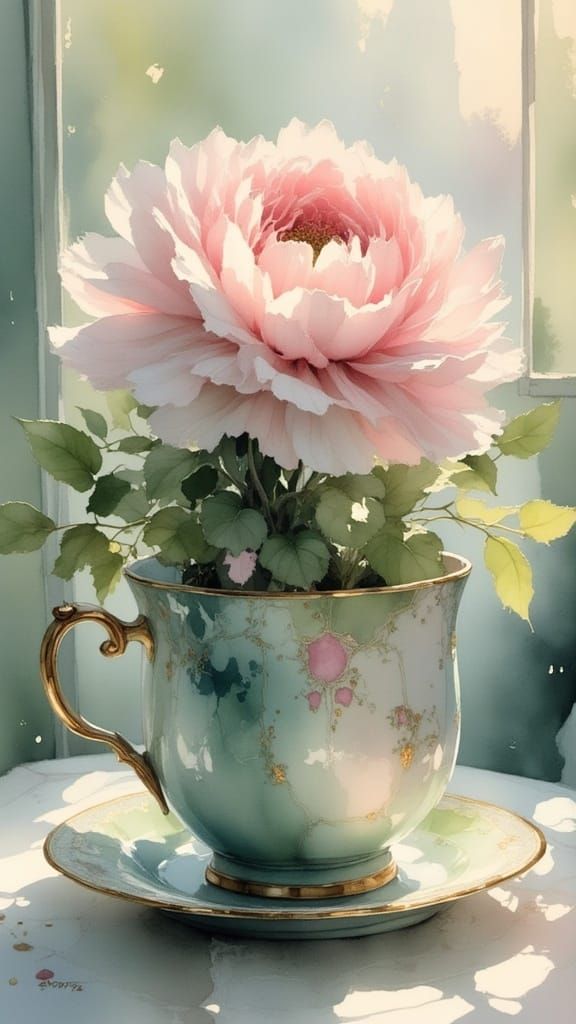 Surreal Blooming Flower Emerges from Shattered Teacup in Imp...