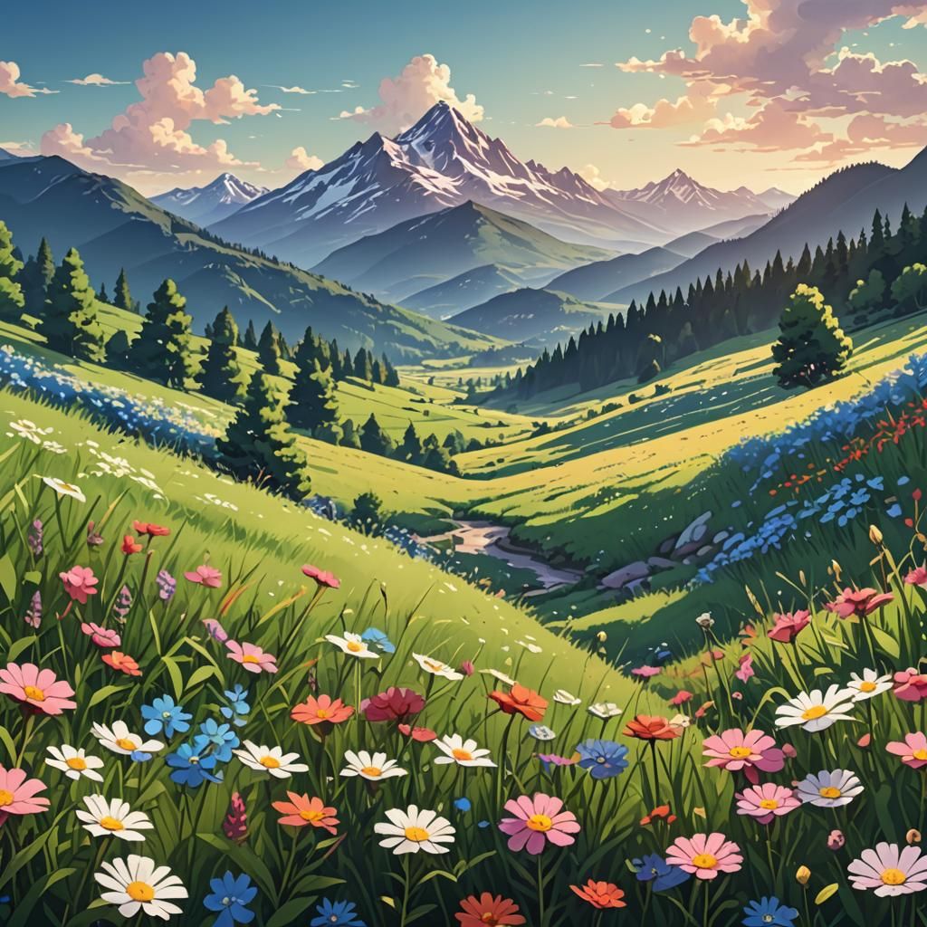 Scenic Flower Meadow with Mountain View in Anime Style