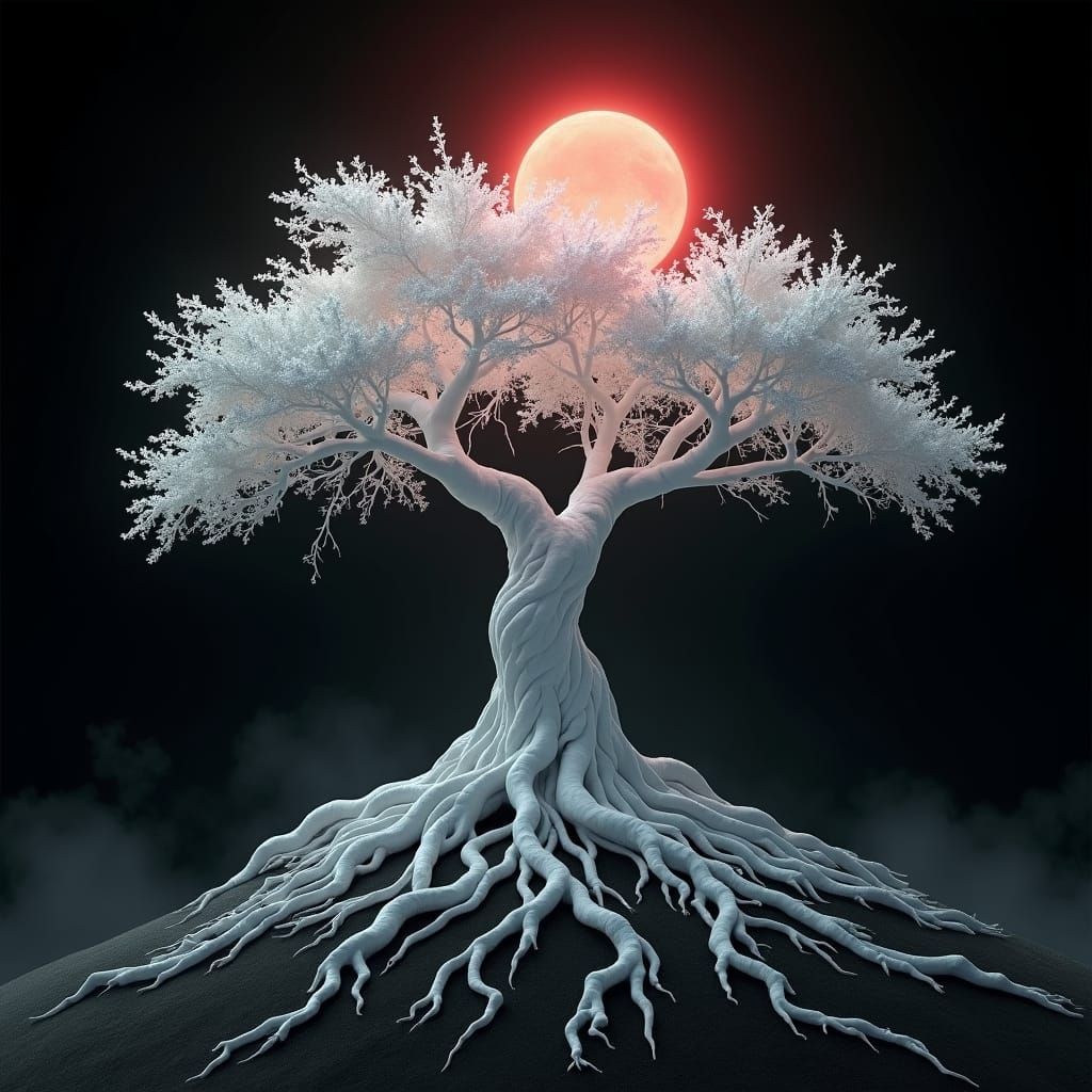 Ethereal White Tree on Black Hill in Mystical Realism