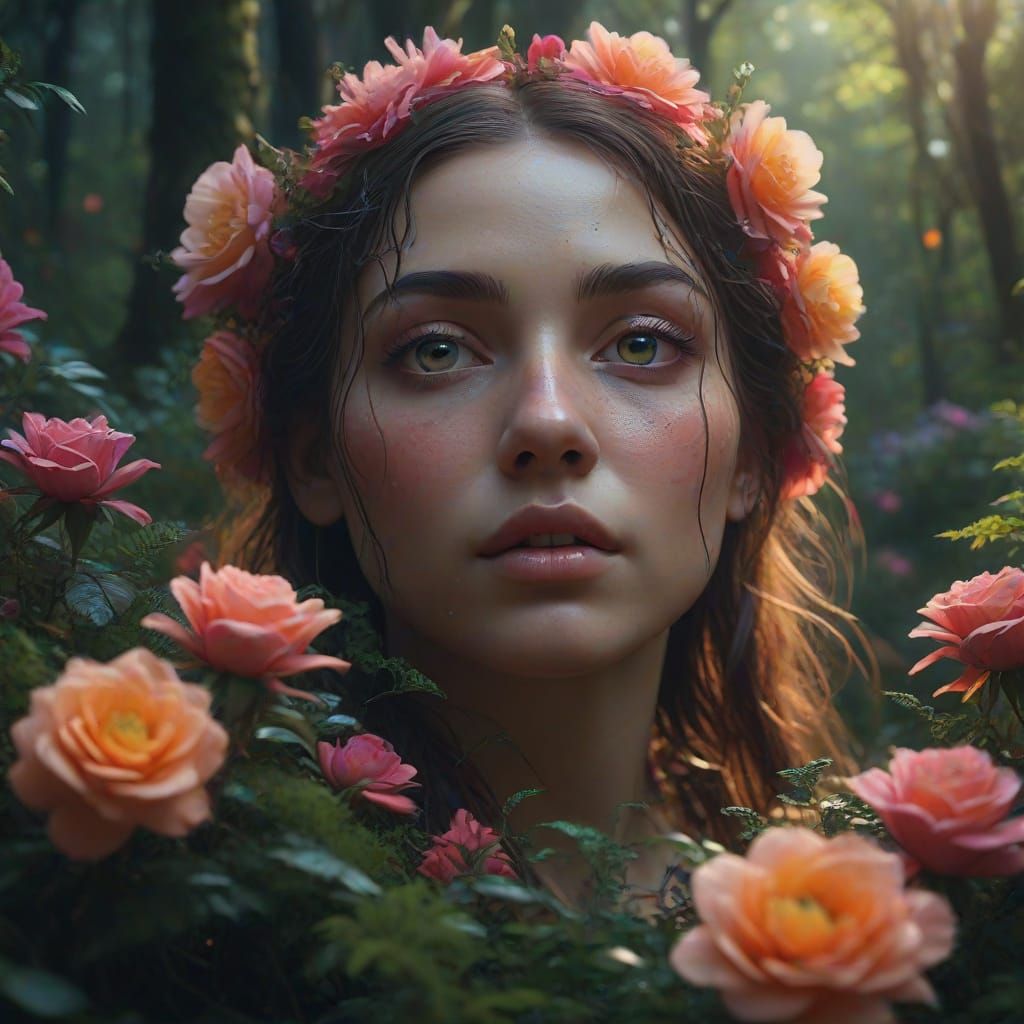 Ethereal Goddess of Roses in Vibrant Bloom