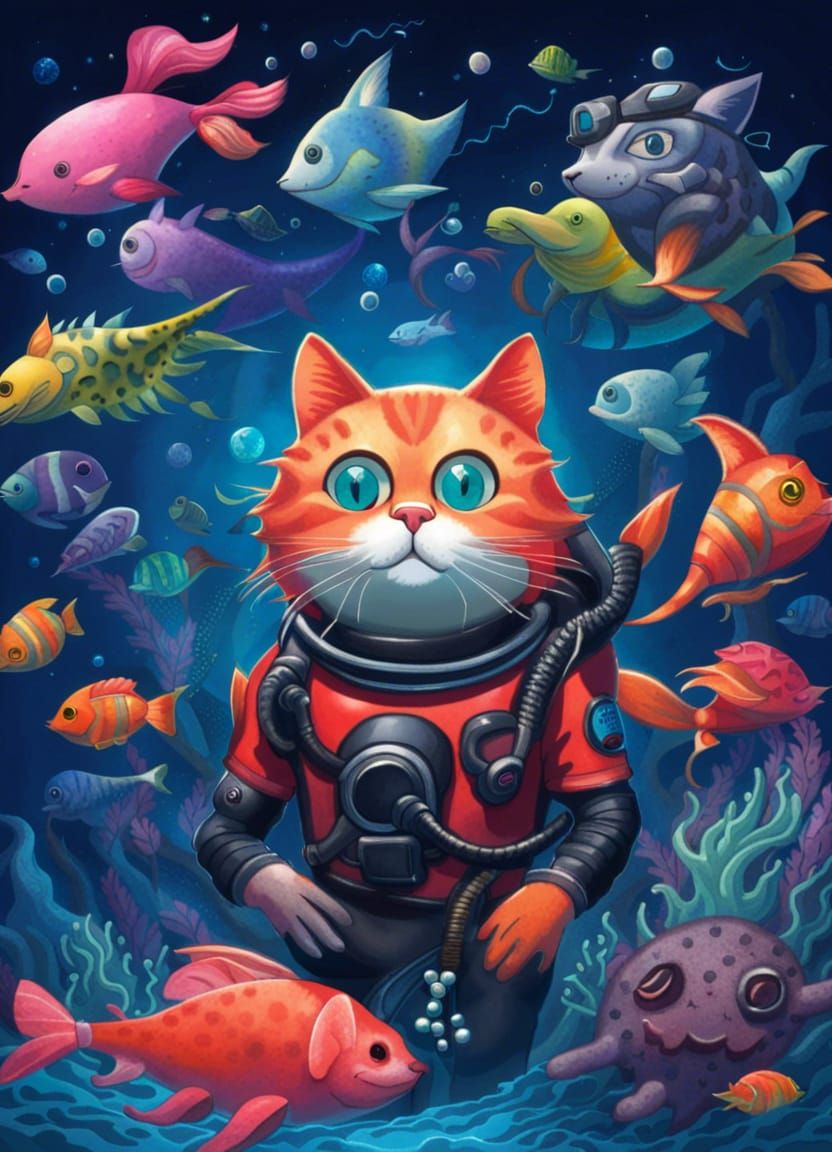 Scuba Cat Amongst Fantasy Sea Life
