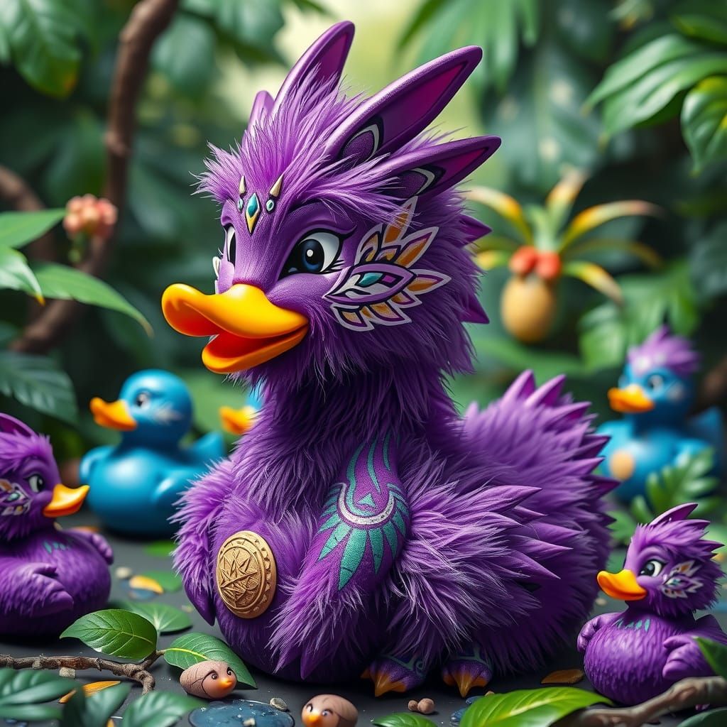 Vibrant Furry Grape Duck Dragon of the Jungle in Playful Azt...