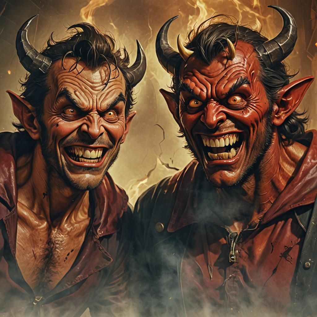 Comedic Devil and Hero Stare Down in Digital Art
