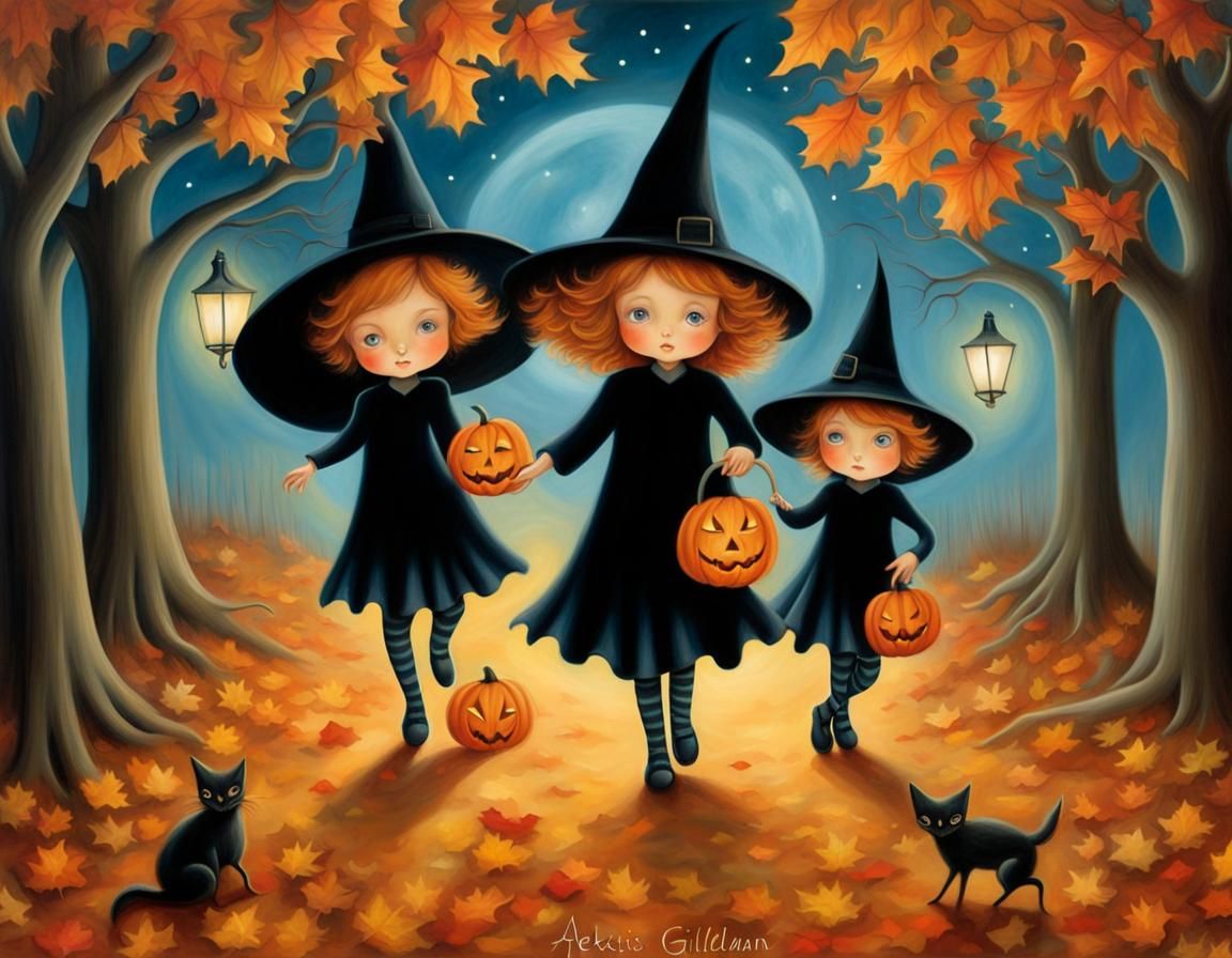 Whimsical Witches Trick or Treating in Autumn Landscape