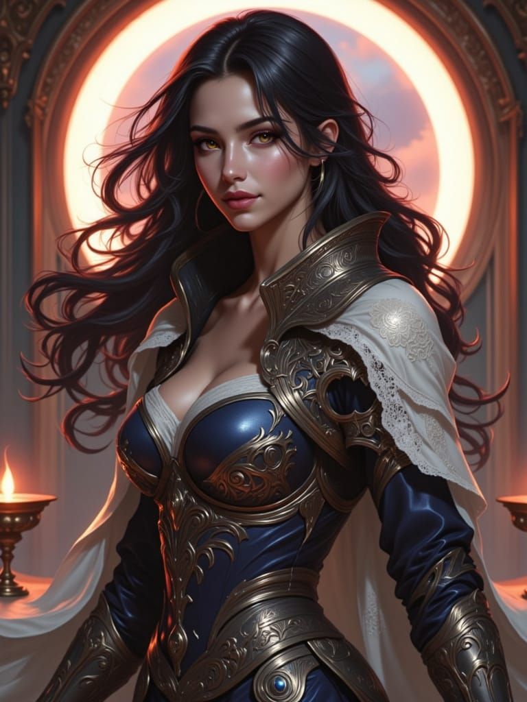 Armored Woman with Ring Light, in Digital Painting Style