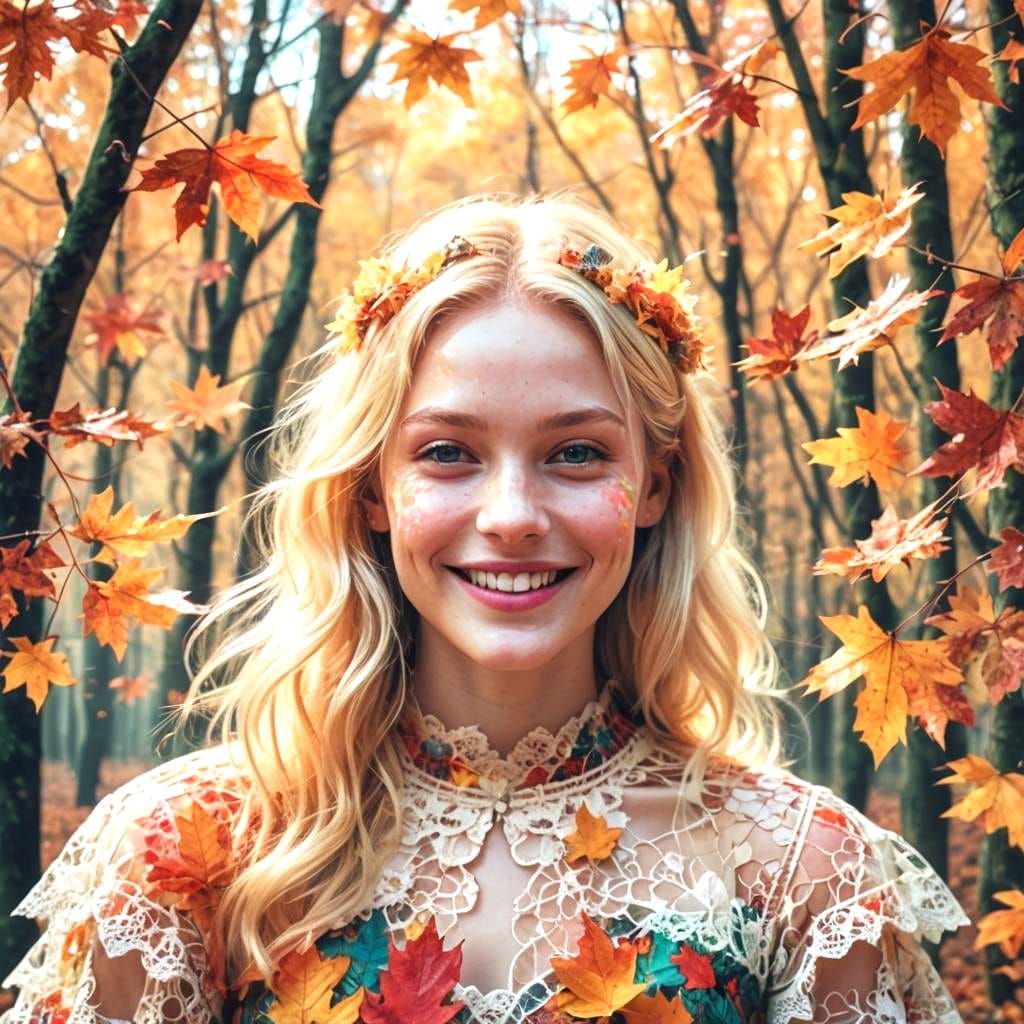 Glitchcore Beauty: Smiling Forest Woman in Autumn Leaves