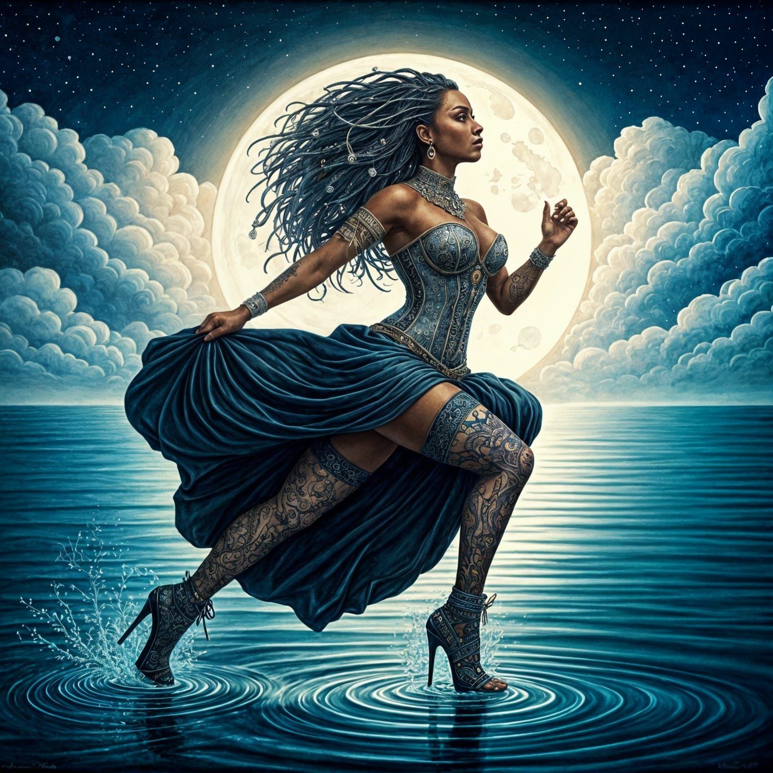 African Queen in Moonlit Watercolor Splendor