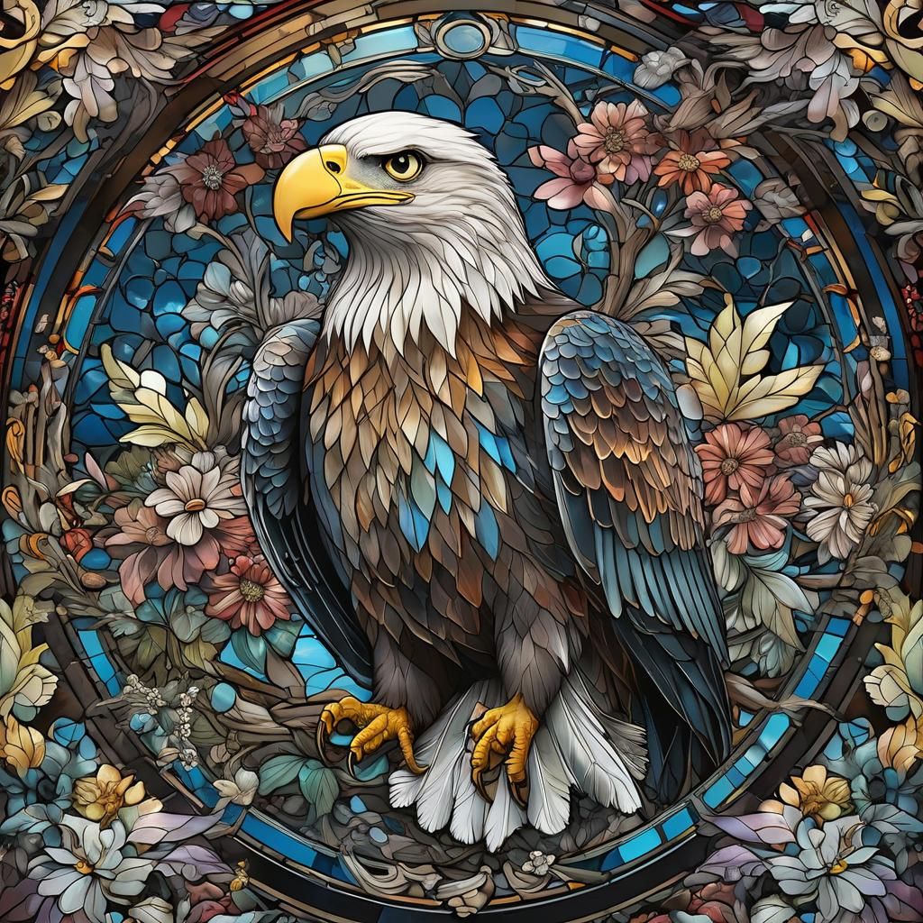 Stained Glass Eagle with Floral Vector Design