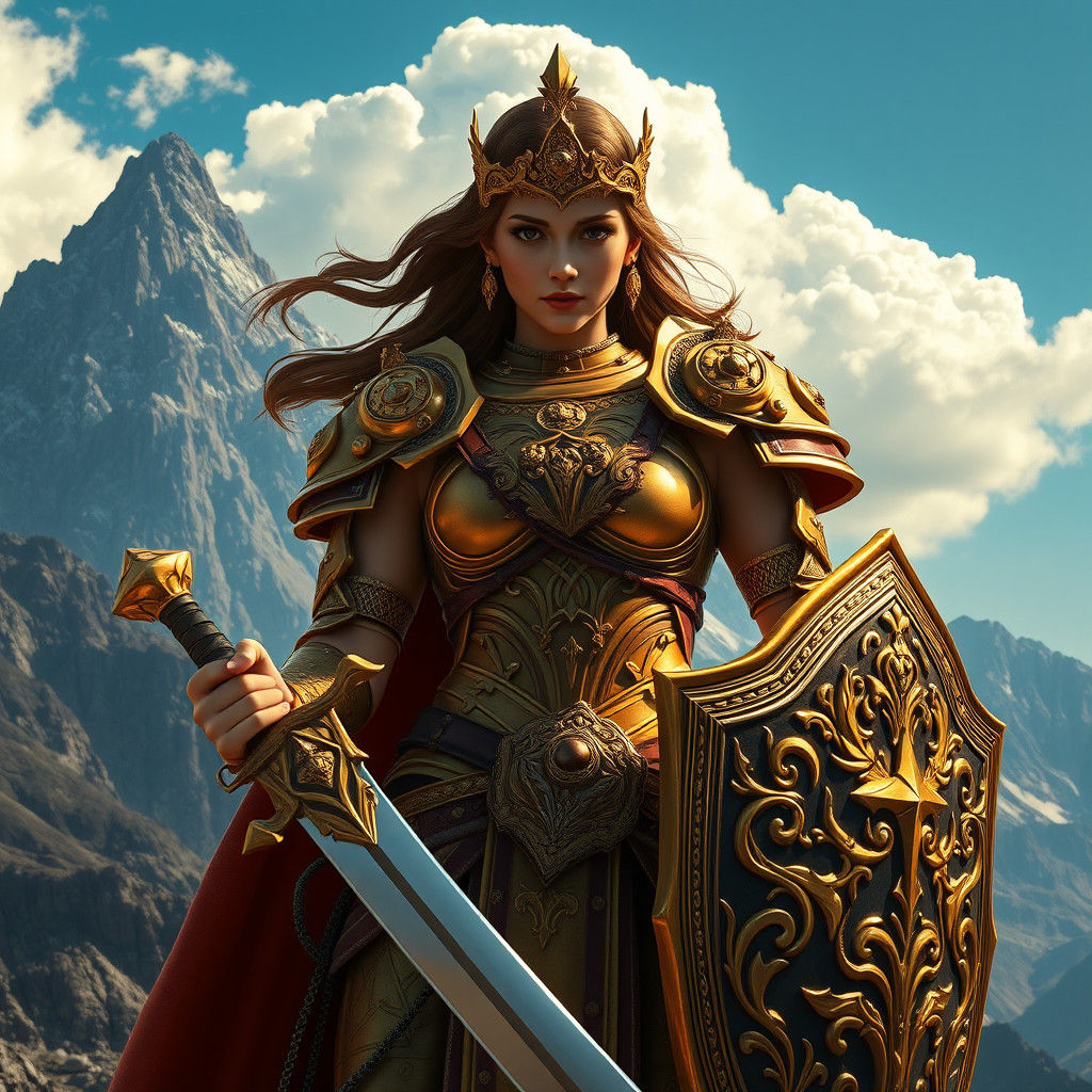 Female Warrior in Golden Armor, Fantasy Landscape