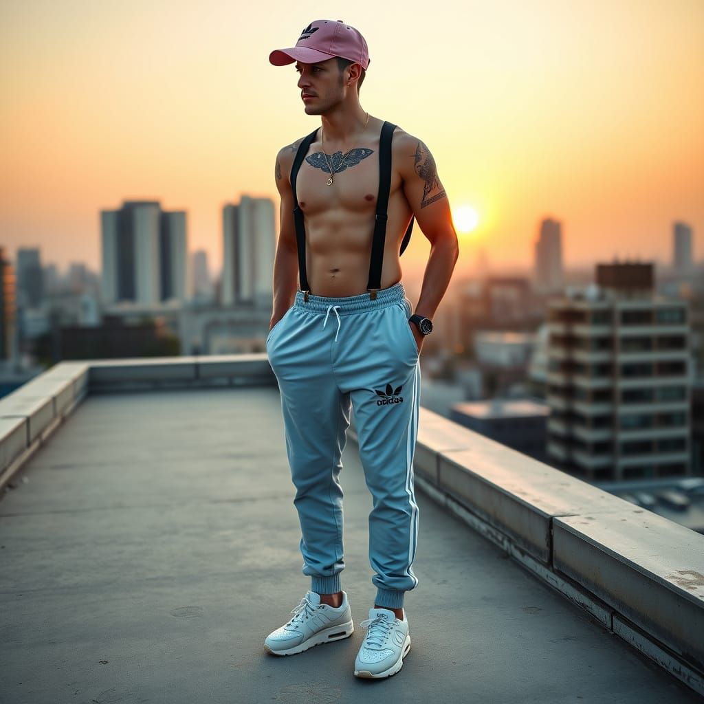 Man on Rooftop at Sunrise in Photorealistic Style