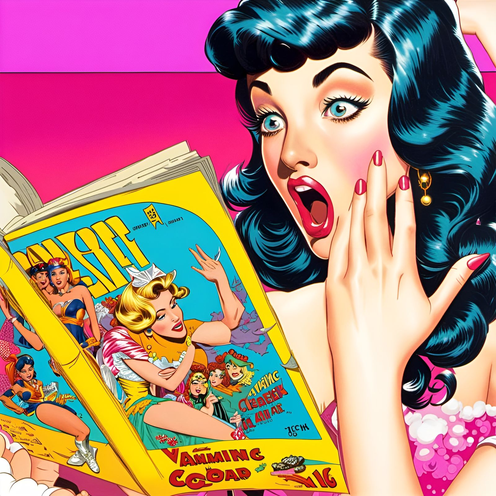 Surprised Pin-Up Girl Reading Comic in Neon Colors