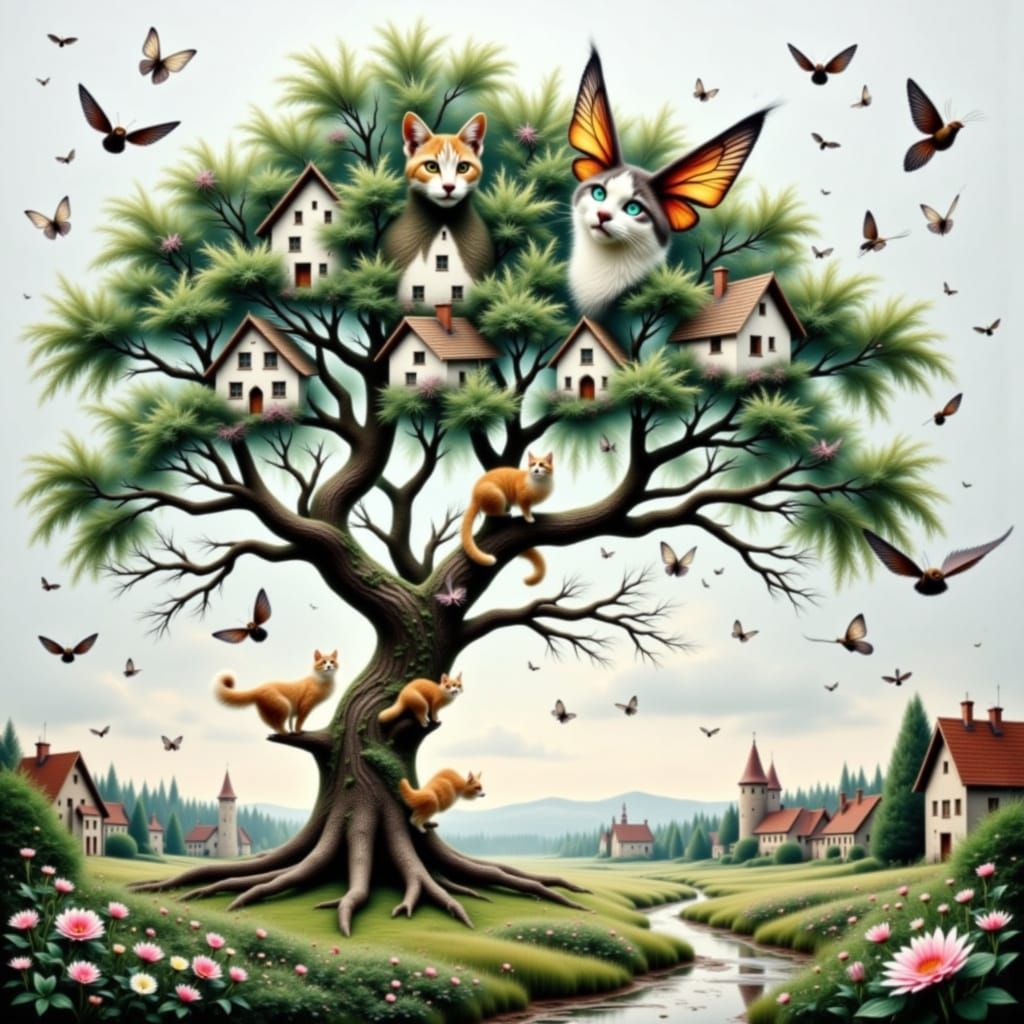 Surreal Double Exposure Art: Mouse, Cat, and Village