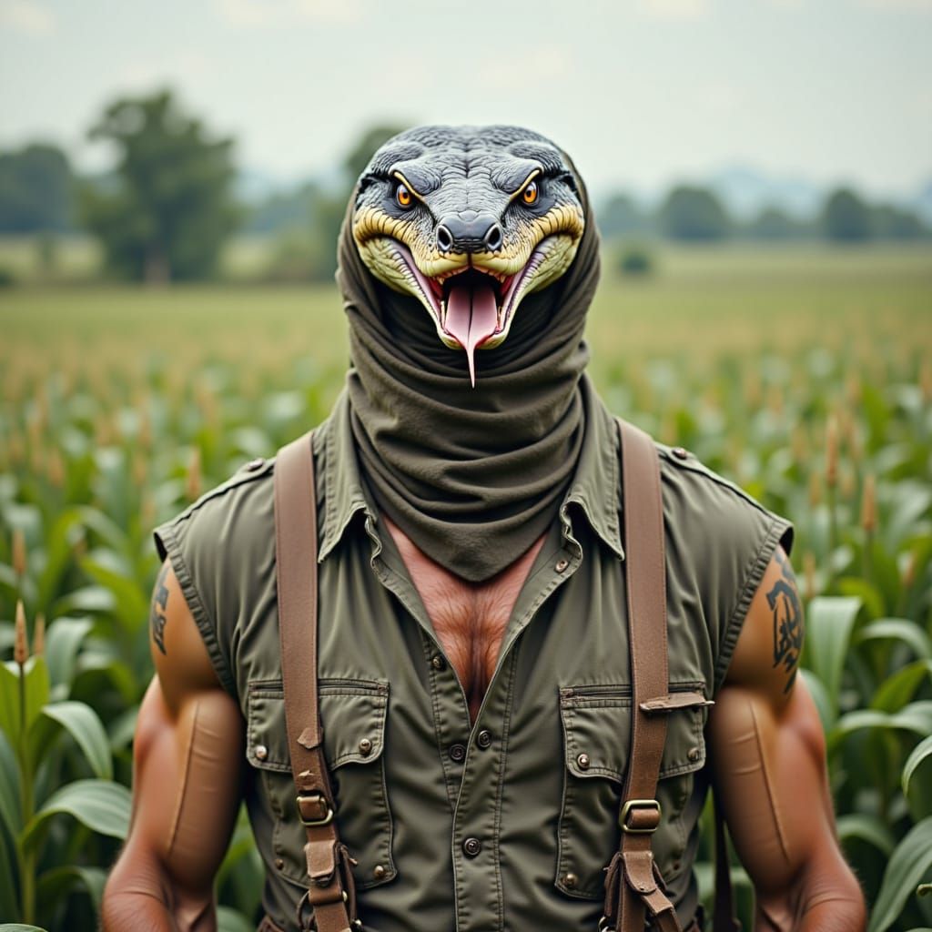 Man with Cobra Head Working as Groundskeeper