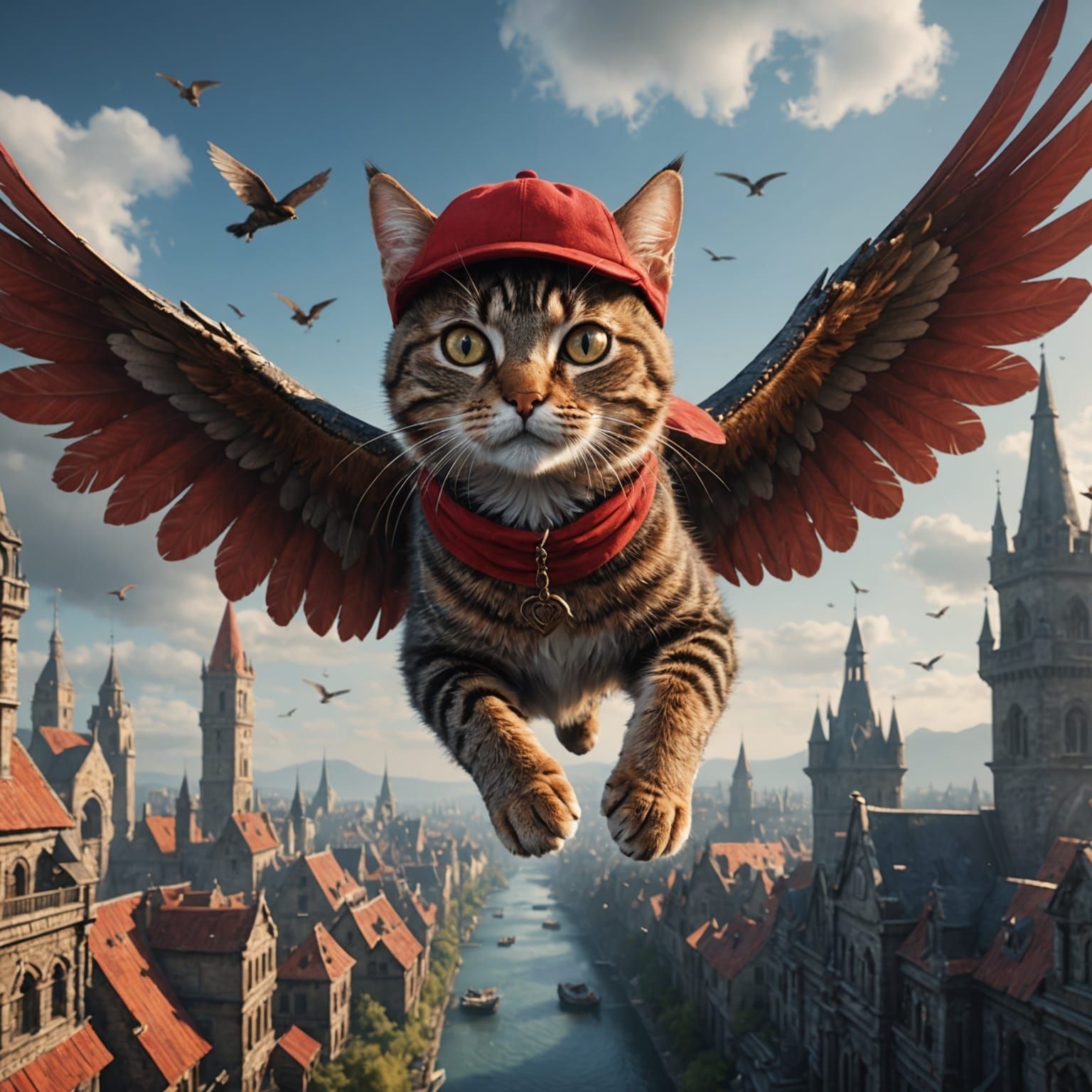Flying Cat in Red Cap: Fantasy Concept Art
