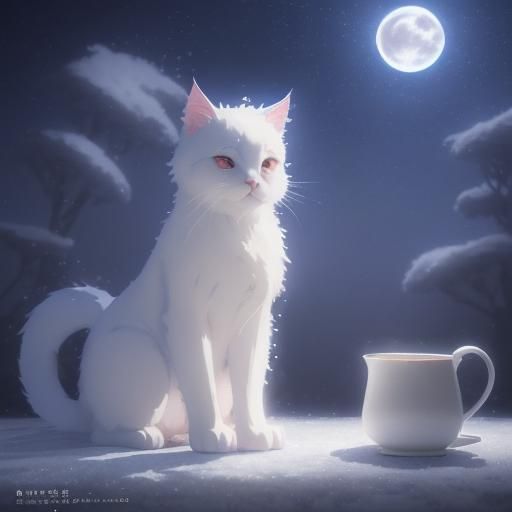 Magical White Cat with Milk: Ghibli Anime Style