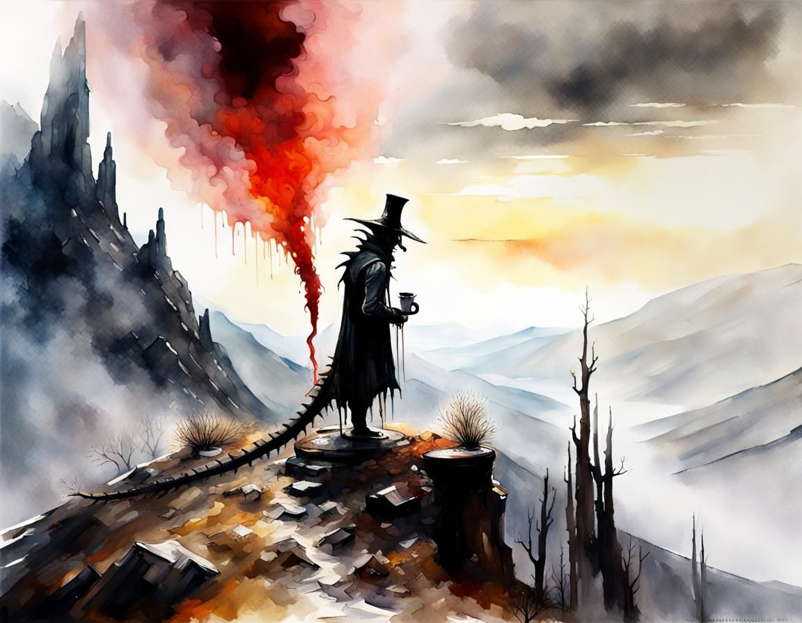 Dragon's Fiery Coffee: A Chiaroscuro Watercolour