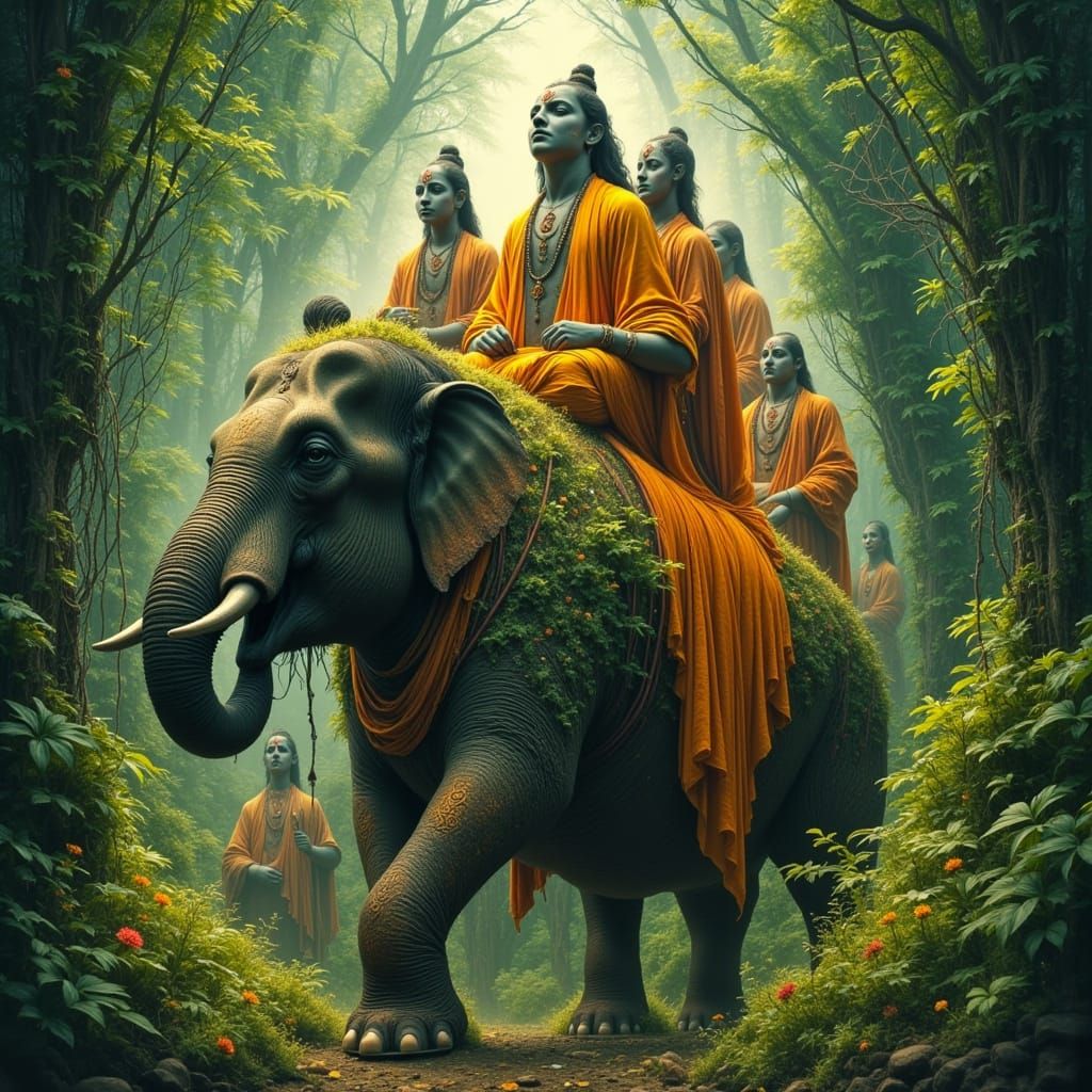 Devotees Sing Om Namah Shivaya on Elephant in Forest
