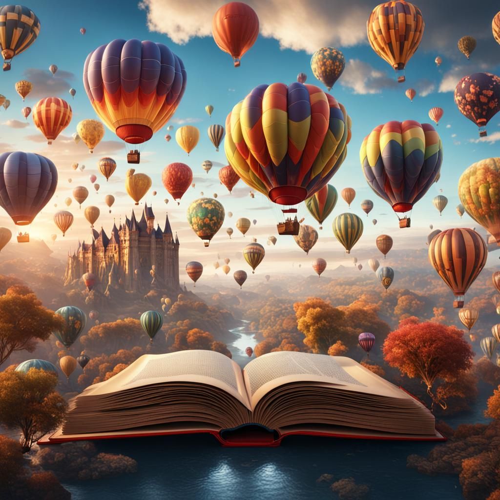 Colorful Hot Air Balloons Over Open Book