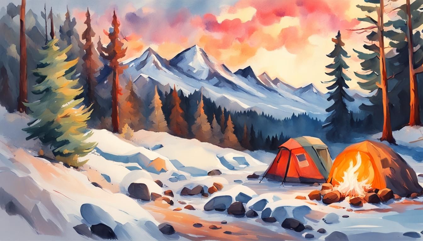 Winter Landscape Camping Scene in Gouache Style