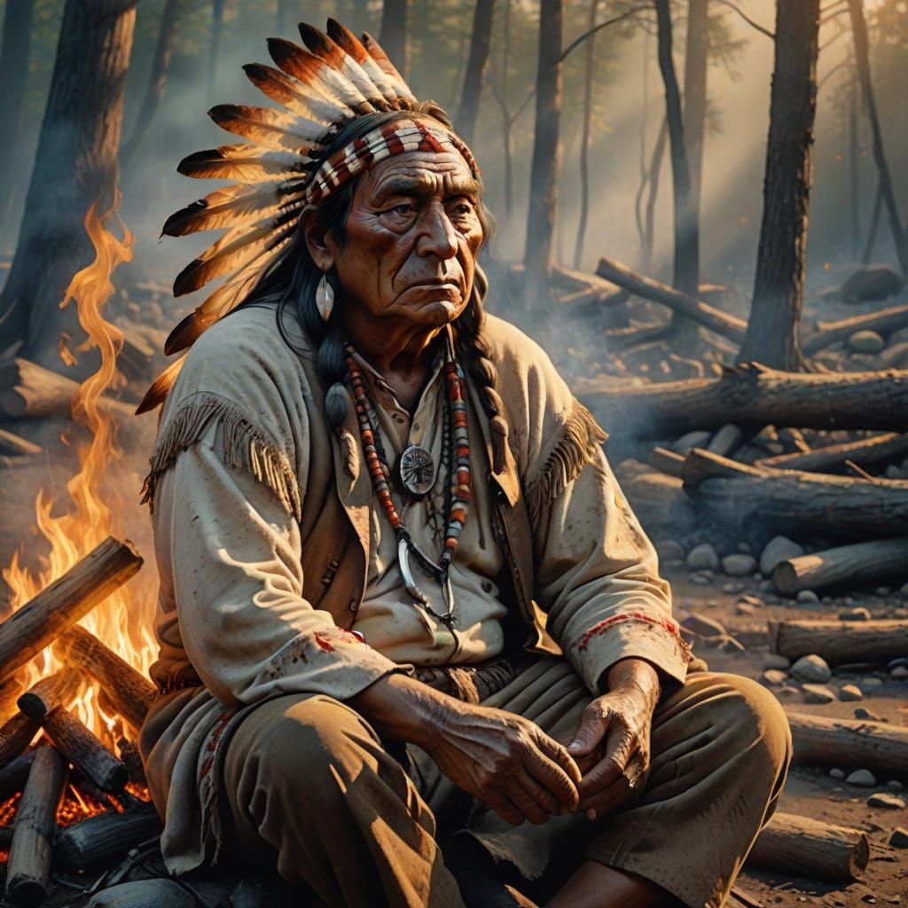 Chief Sitting Bull in Morning Mist, Hyperrealistic Splash Ar...