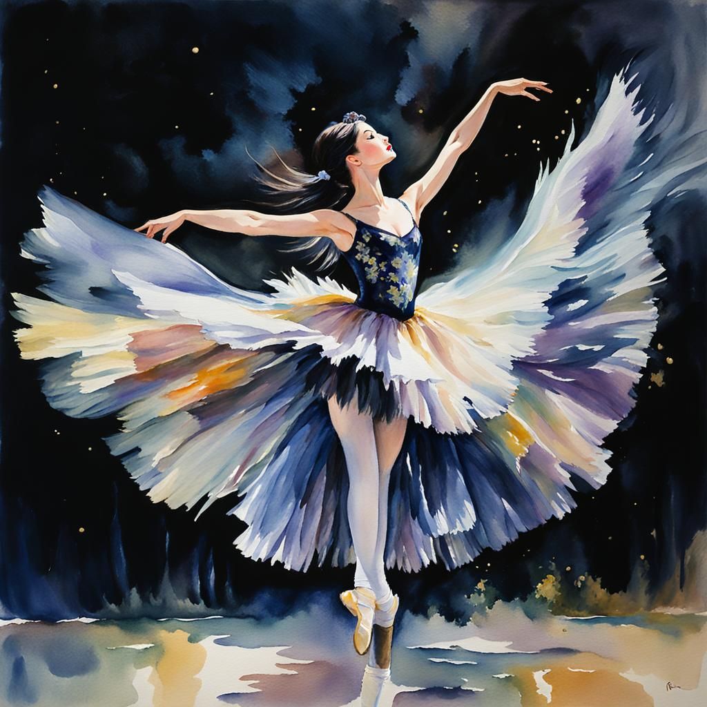 Goth Ballet Dancer in Impressionist Watercolor Landscape