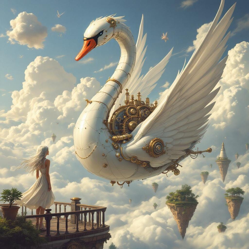 Steampunk Swan Airship Soaring Through Fantasy Sky