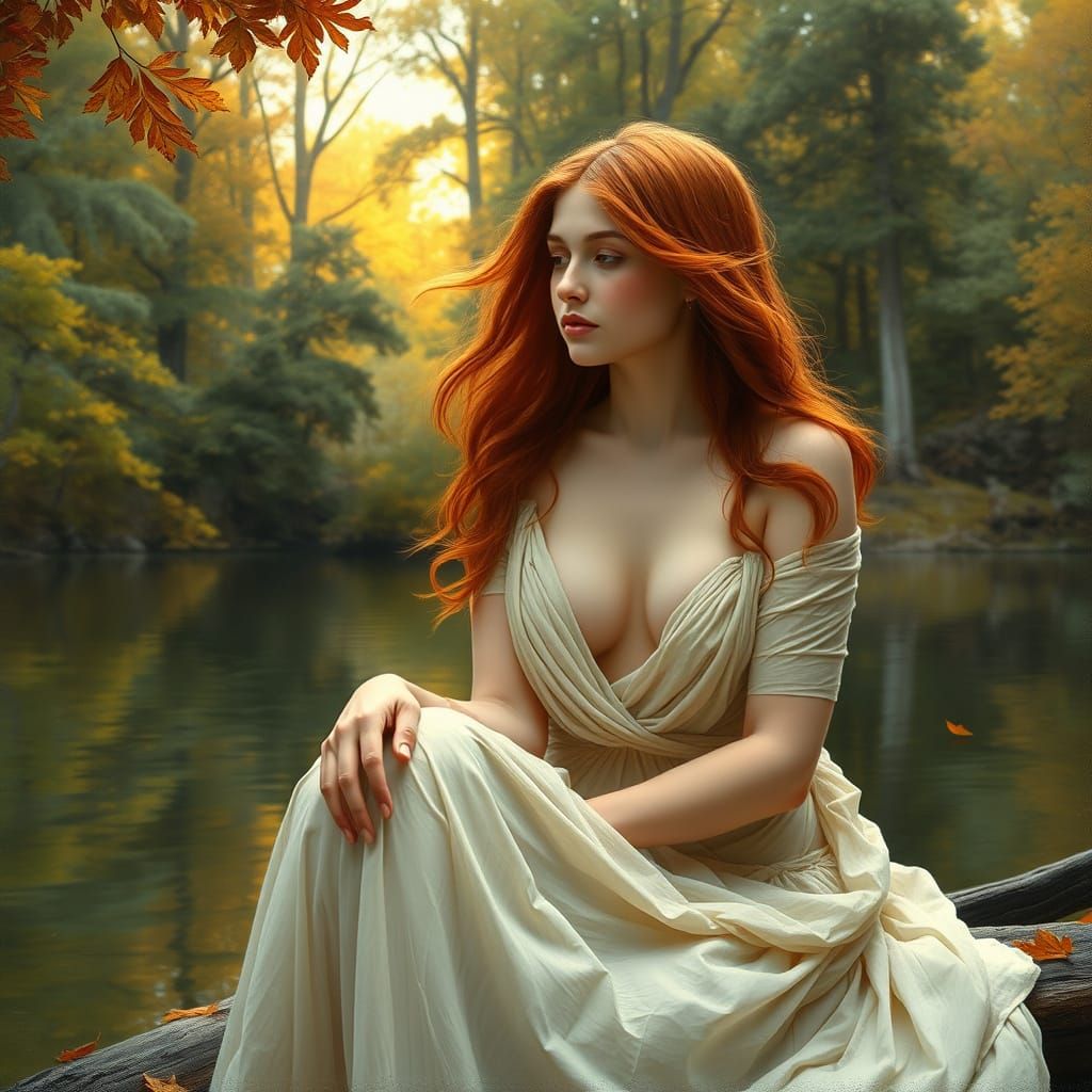 Ethereal Maiden by Serene Lake in Waterhouse Style