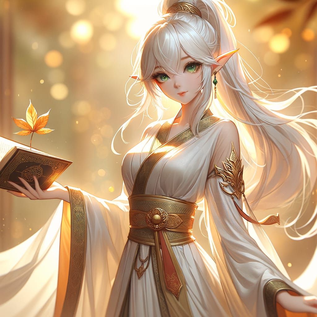 Elegant Elf Maiden with Book in Anime Style