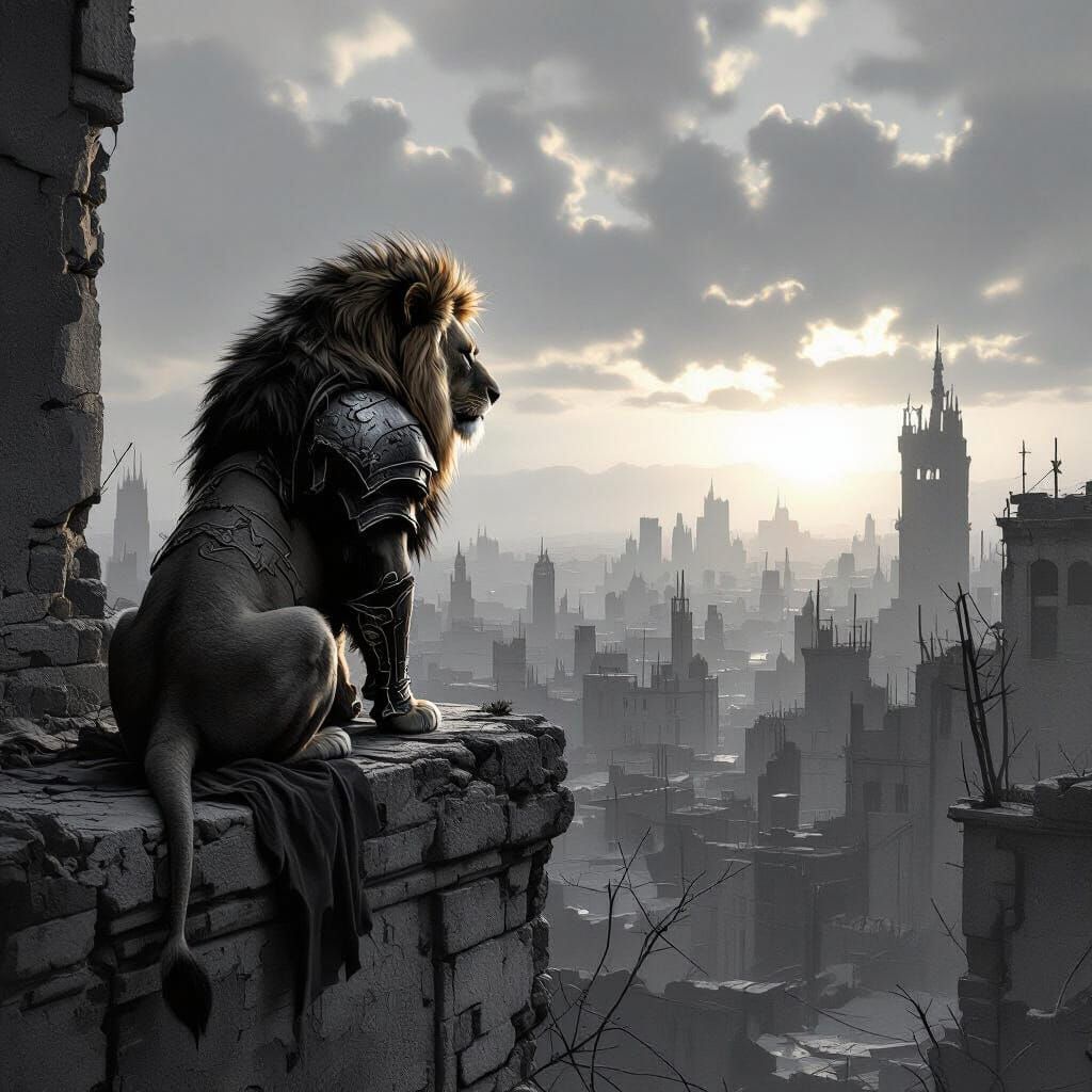 Lion on Parapet Overlooking Overgrown Cityscape