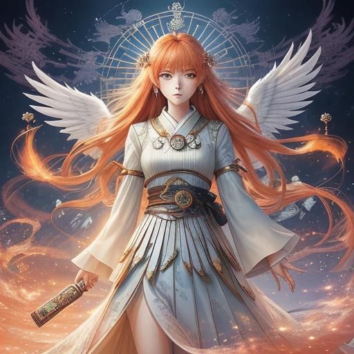 Anime Woman Amidst Phoenix Ashes and Tarot Cards