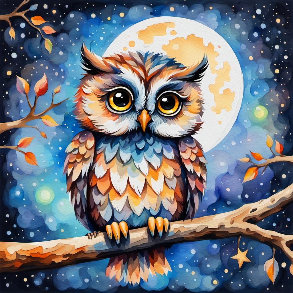 Watercolor Baby Owl in Gouache Impressionist Style