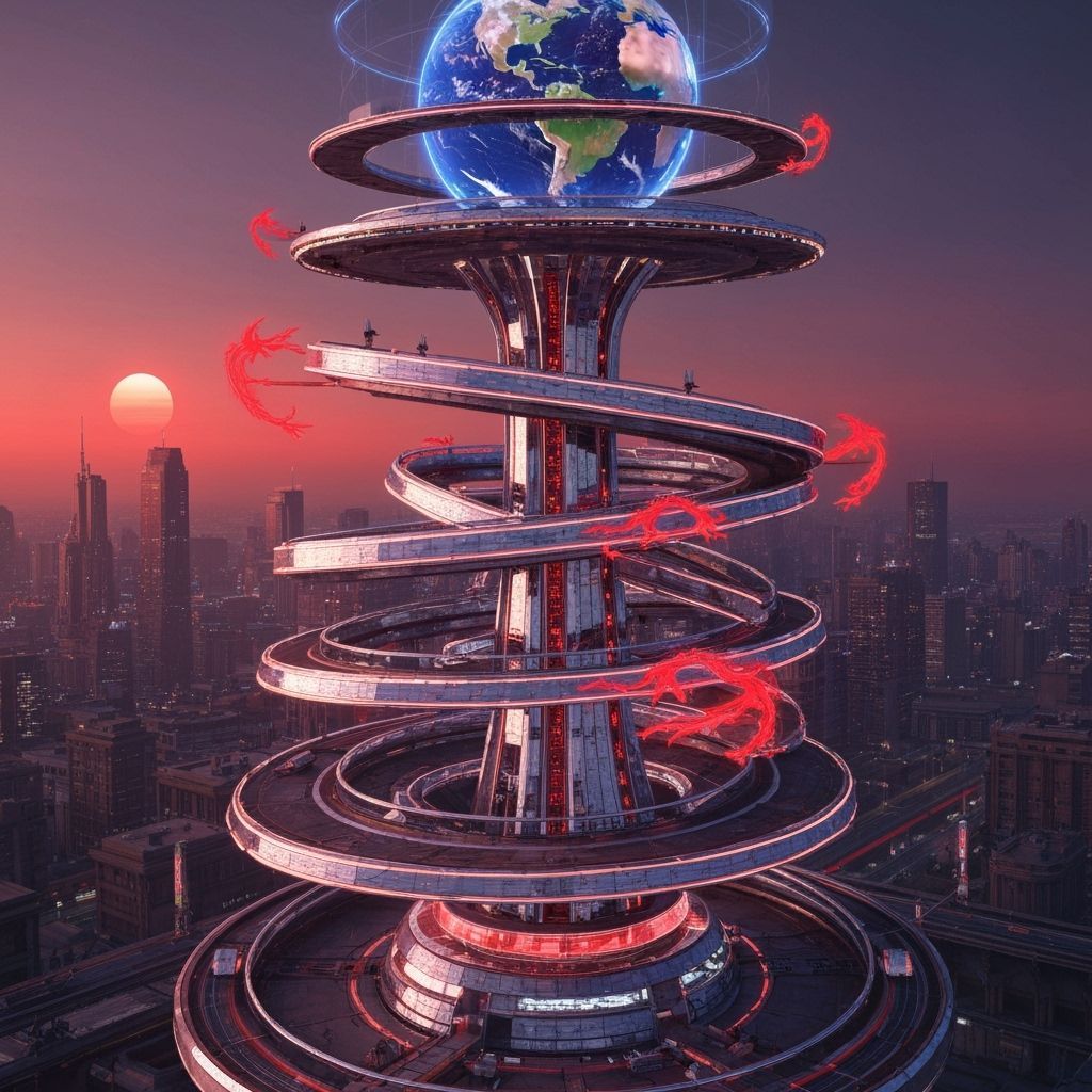 Cyberpunk Orbital Embassy Reflecting Neon Cityscape