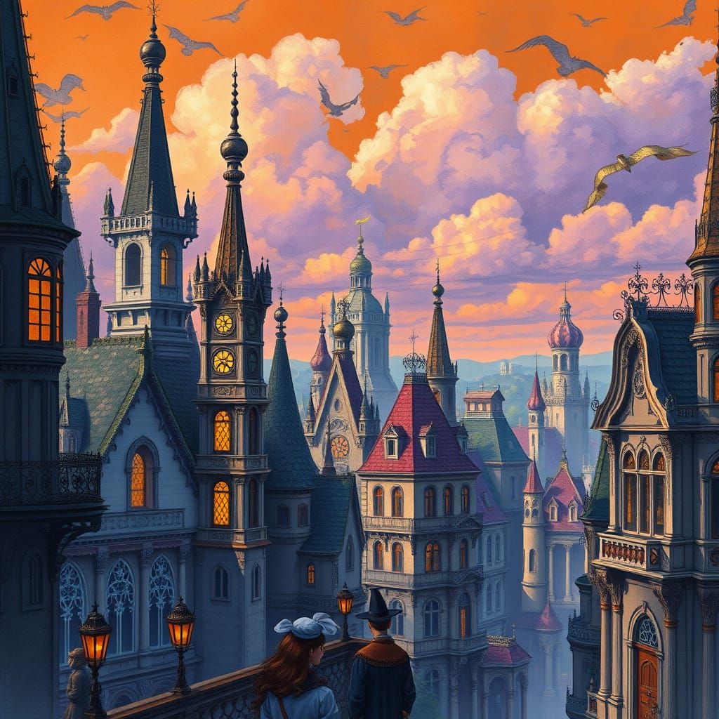 Mystical Cityscape in Dark Tangerine Orange Skies with Light...