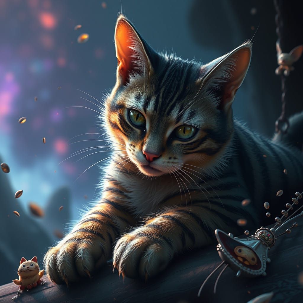 Surreal Cat Discovers Hidden Realm in Deep Fantasy Landscape