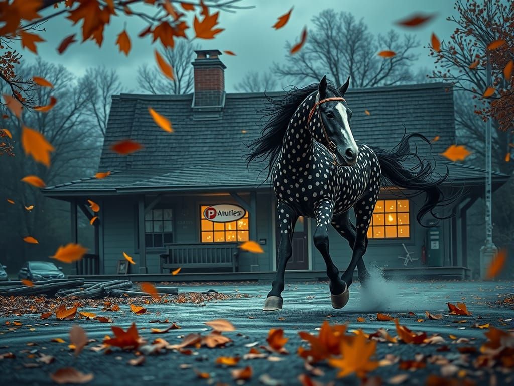 Polka Dot Horse Gallops Past Rustic Gas Station