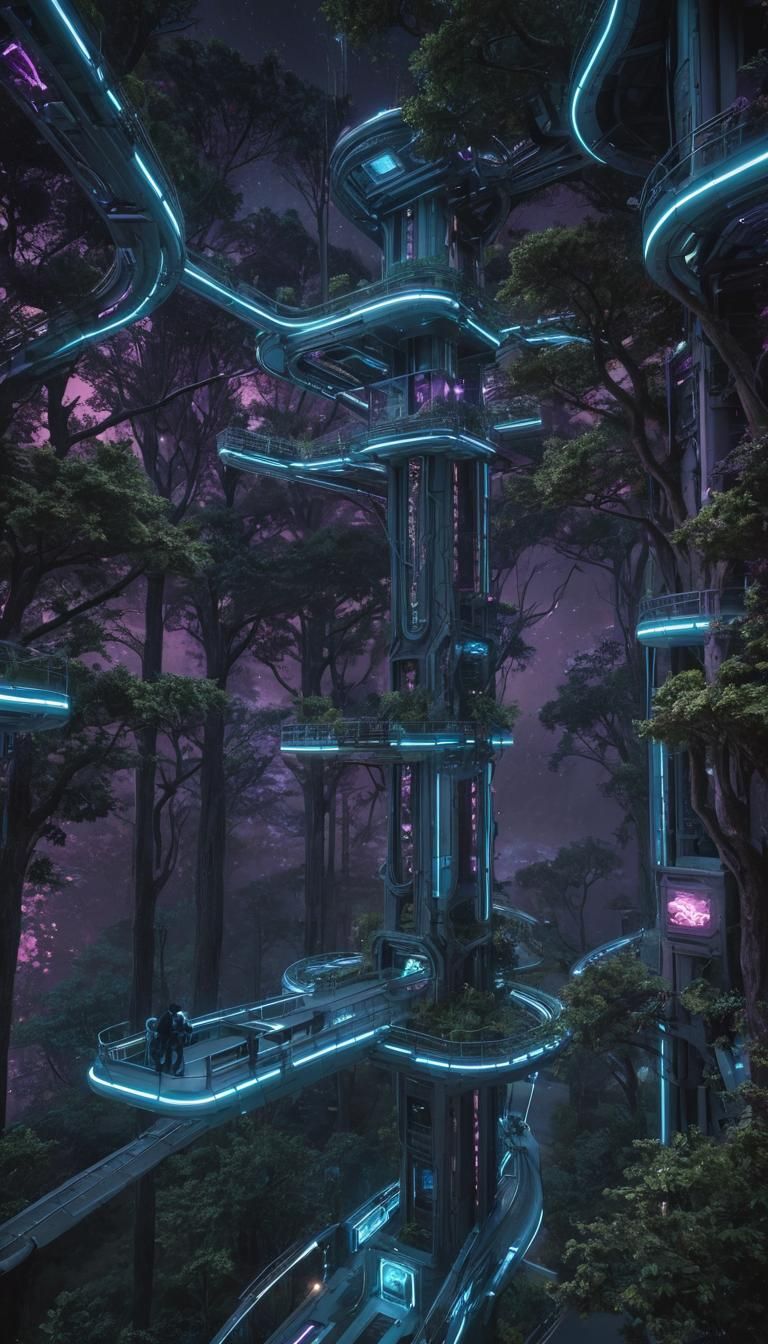 Futuristic Vertical Space Habitat with Neon Roads