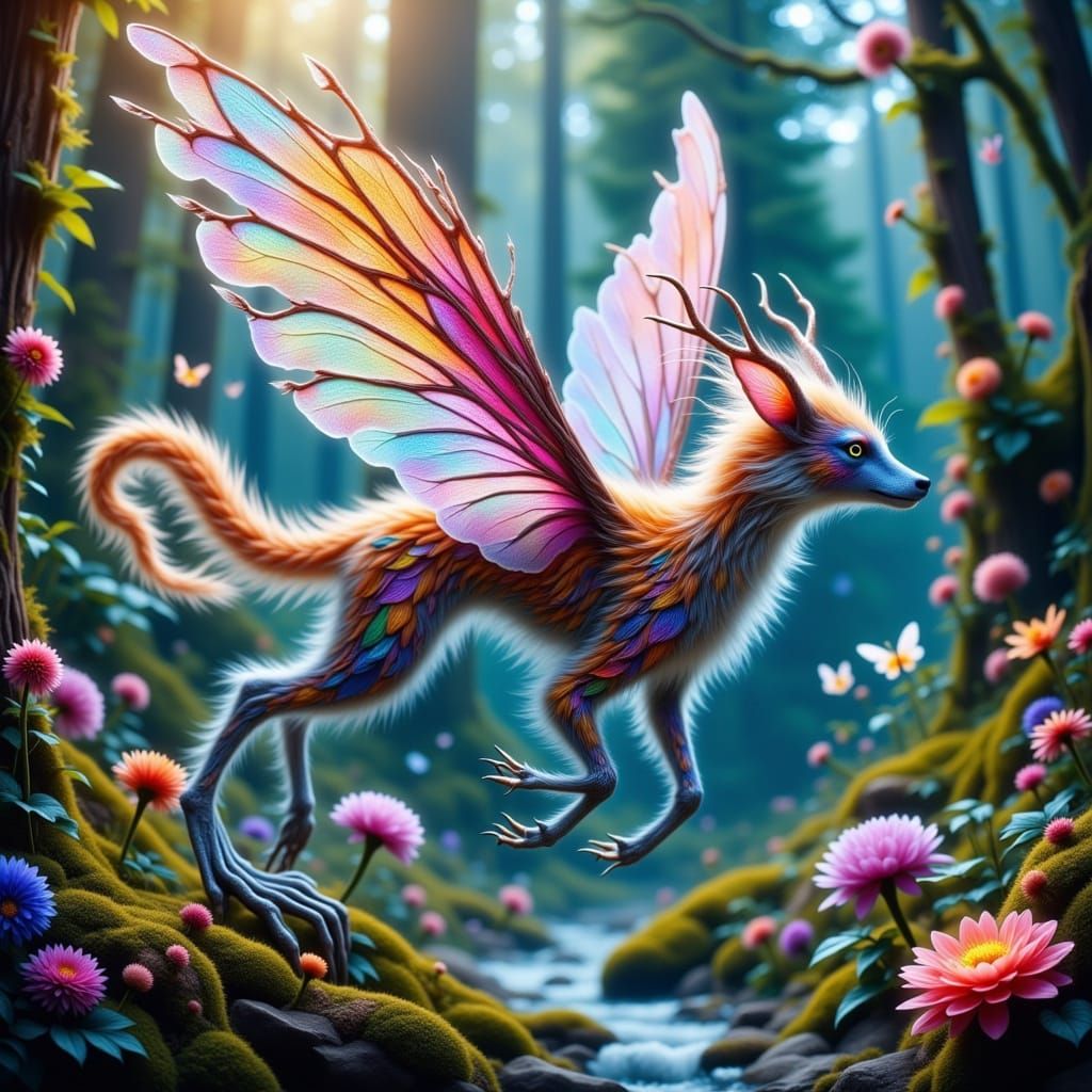 Ethereal Fae with Iridescent Wings in Vibrant Floral Realm