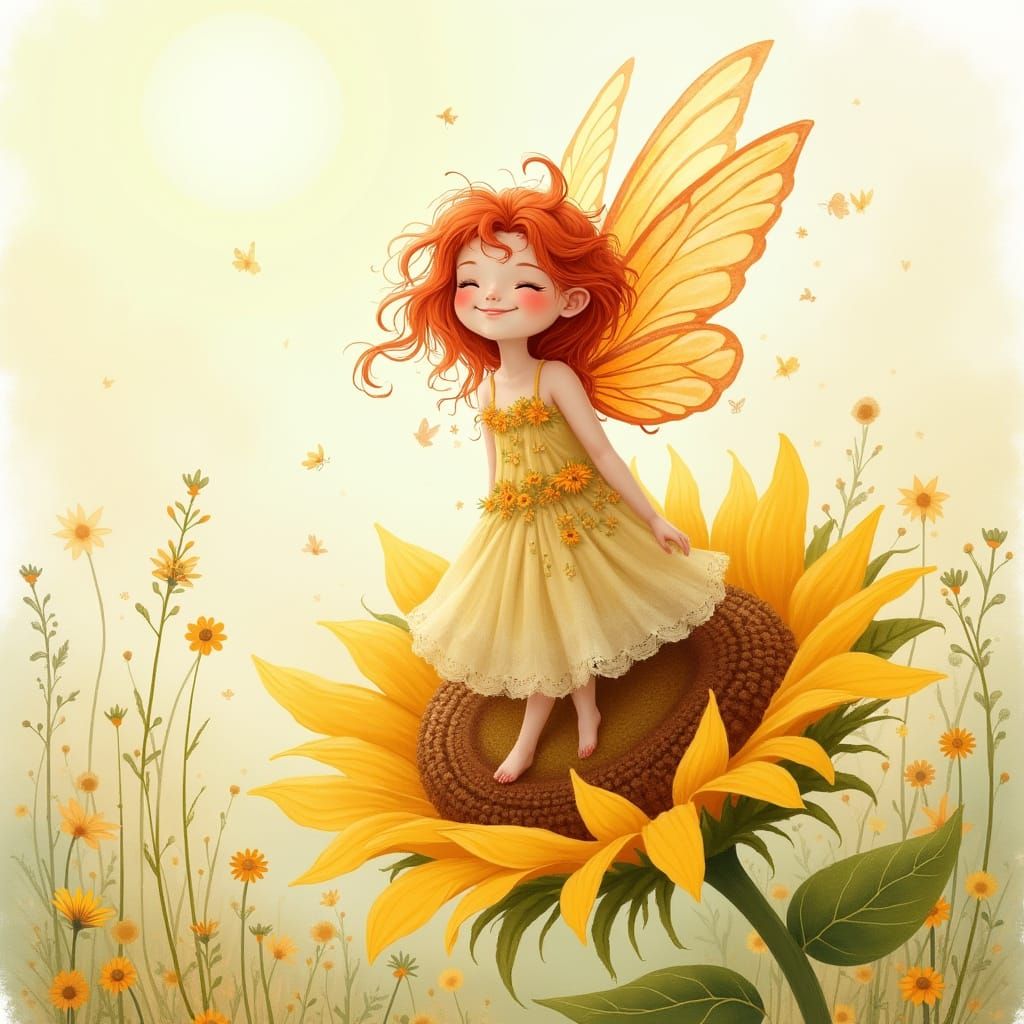Radiant Pixie in Sun-Drenched Meadow, Watercolor Style