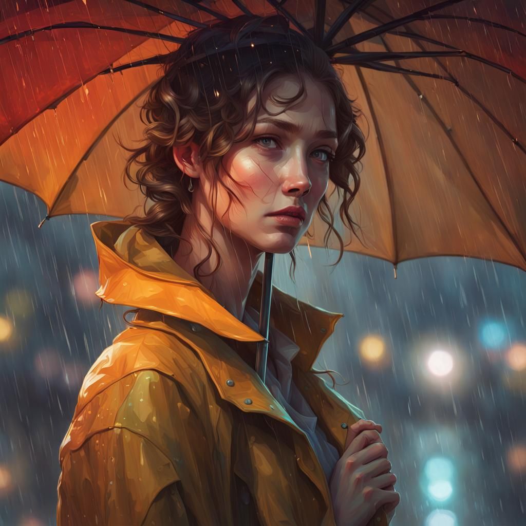 Girl with Umbrella in Upside-Down Rain