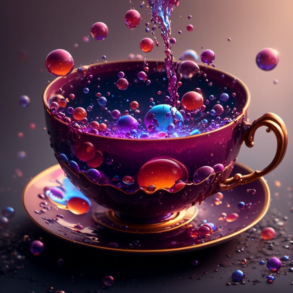 Twilight Teacup with Bubbles in Splash Art Style