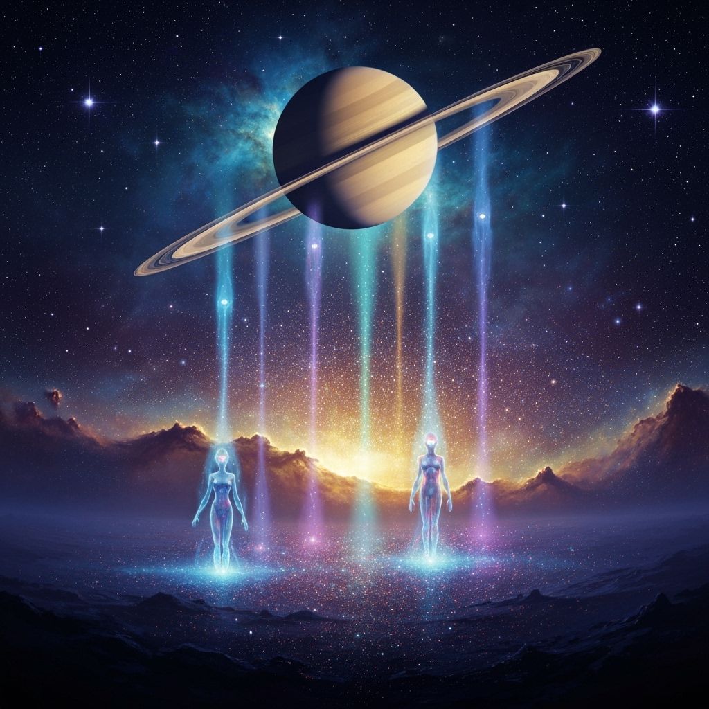 Saturn's Rings Form Ethereal Figures in Cosmic Nebula