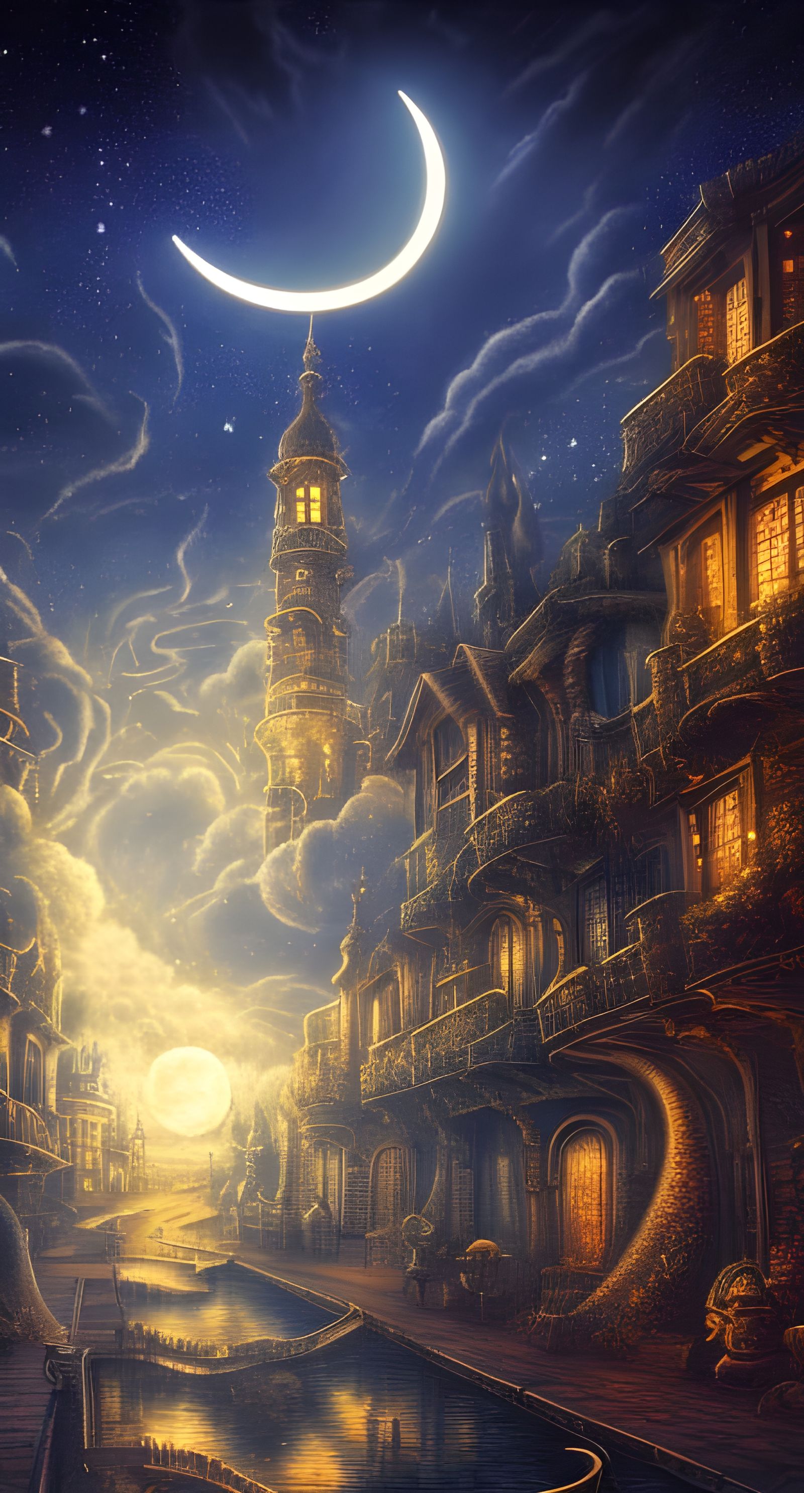 Magic Clock Town Under Moonlit Sky