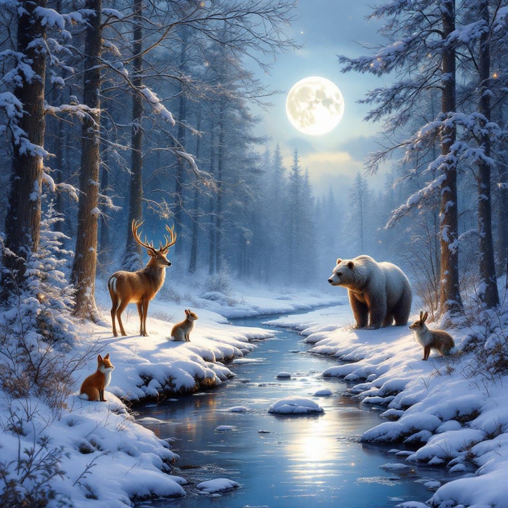 Serene Snowy Forest at Dusk with Peaceful Animals