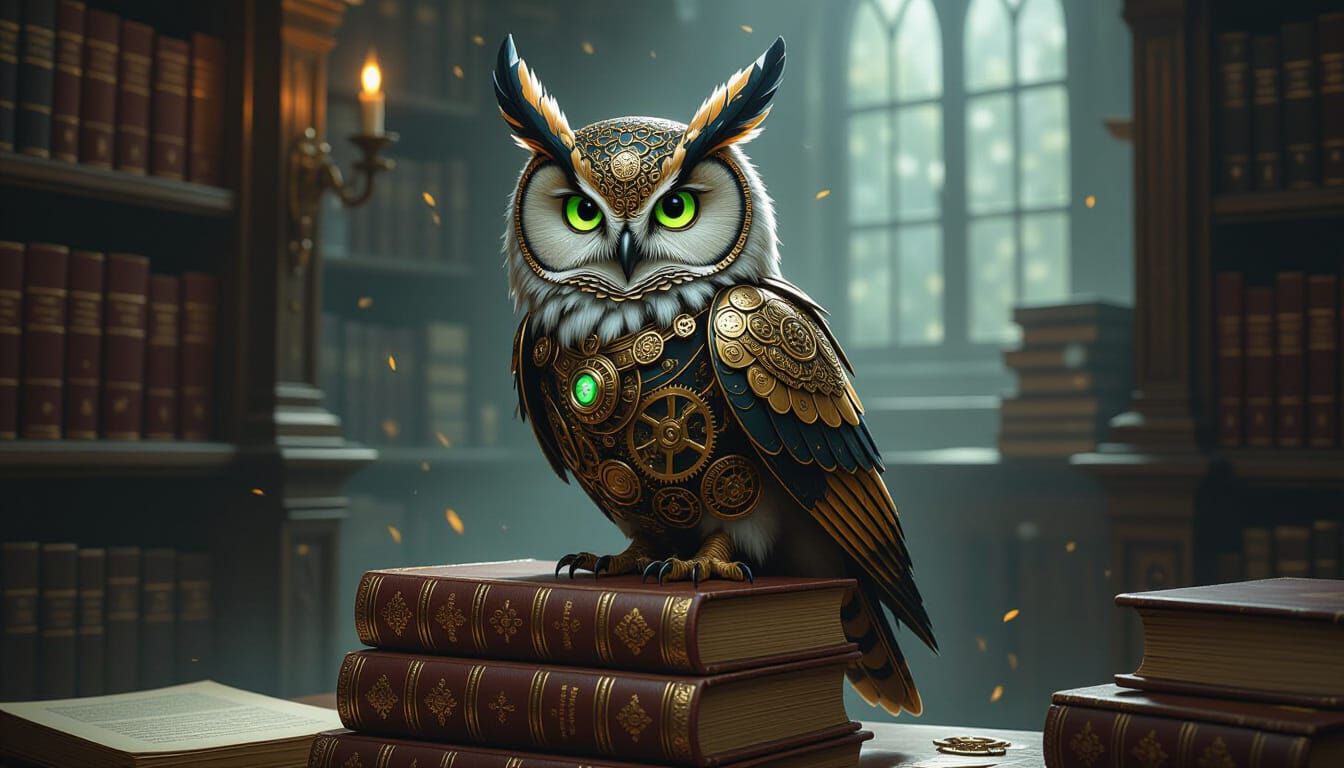 Steampunk Clockwork Owl Imposter on Books