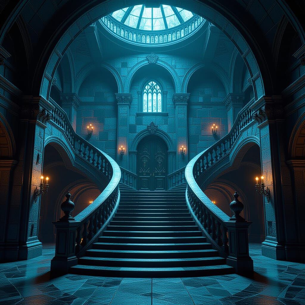 Grand Castle Stairway in 3D Rendered Style