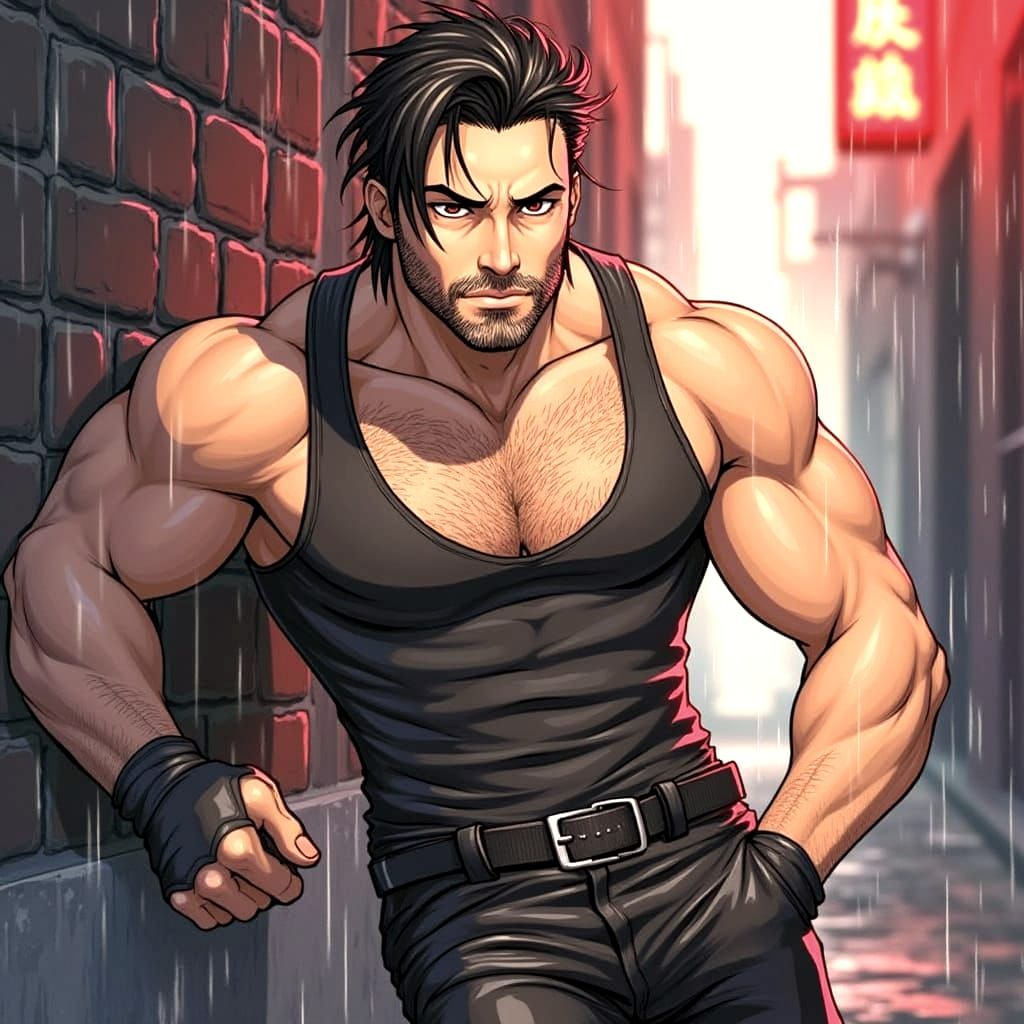 Anime Man Leans Against Rain-Slicked Wall