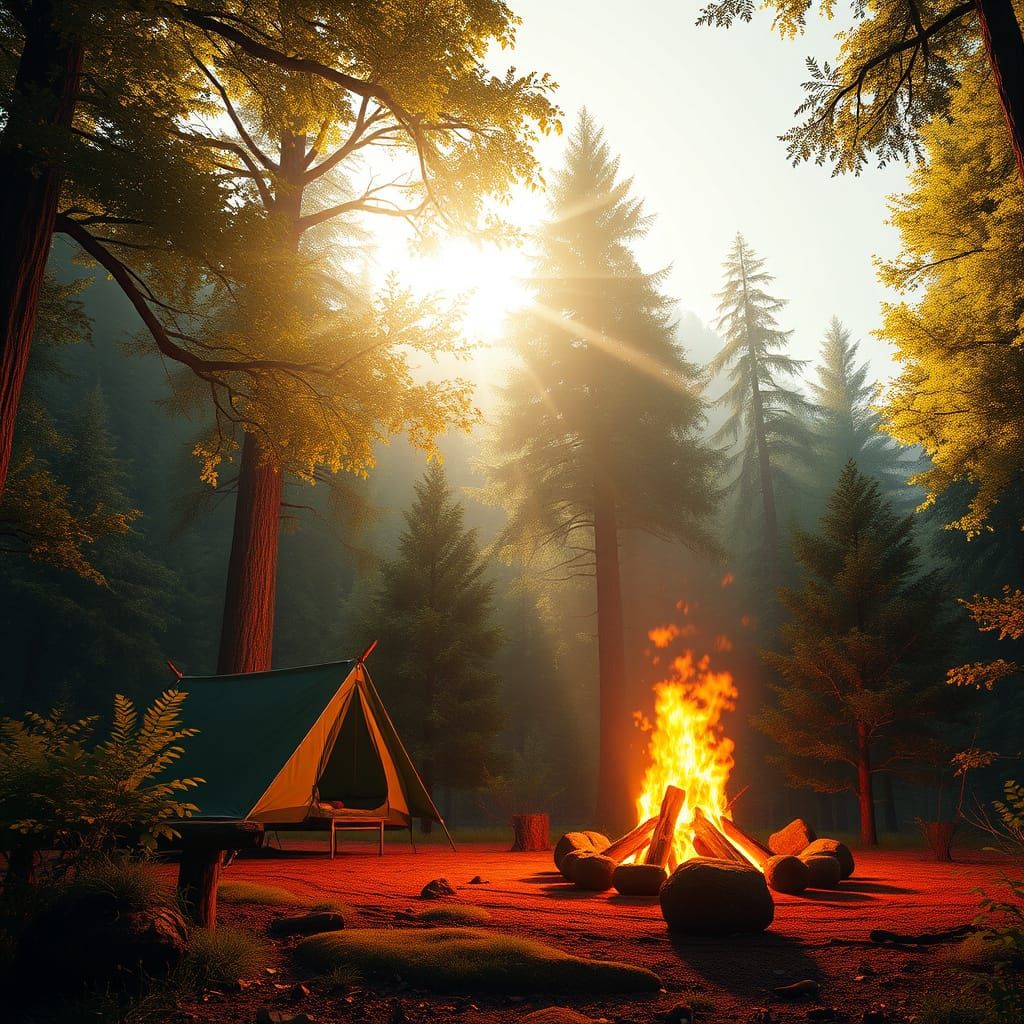 Epic Forest Campsite Illuminated by Golden Sunlight